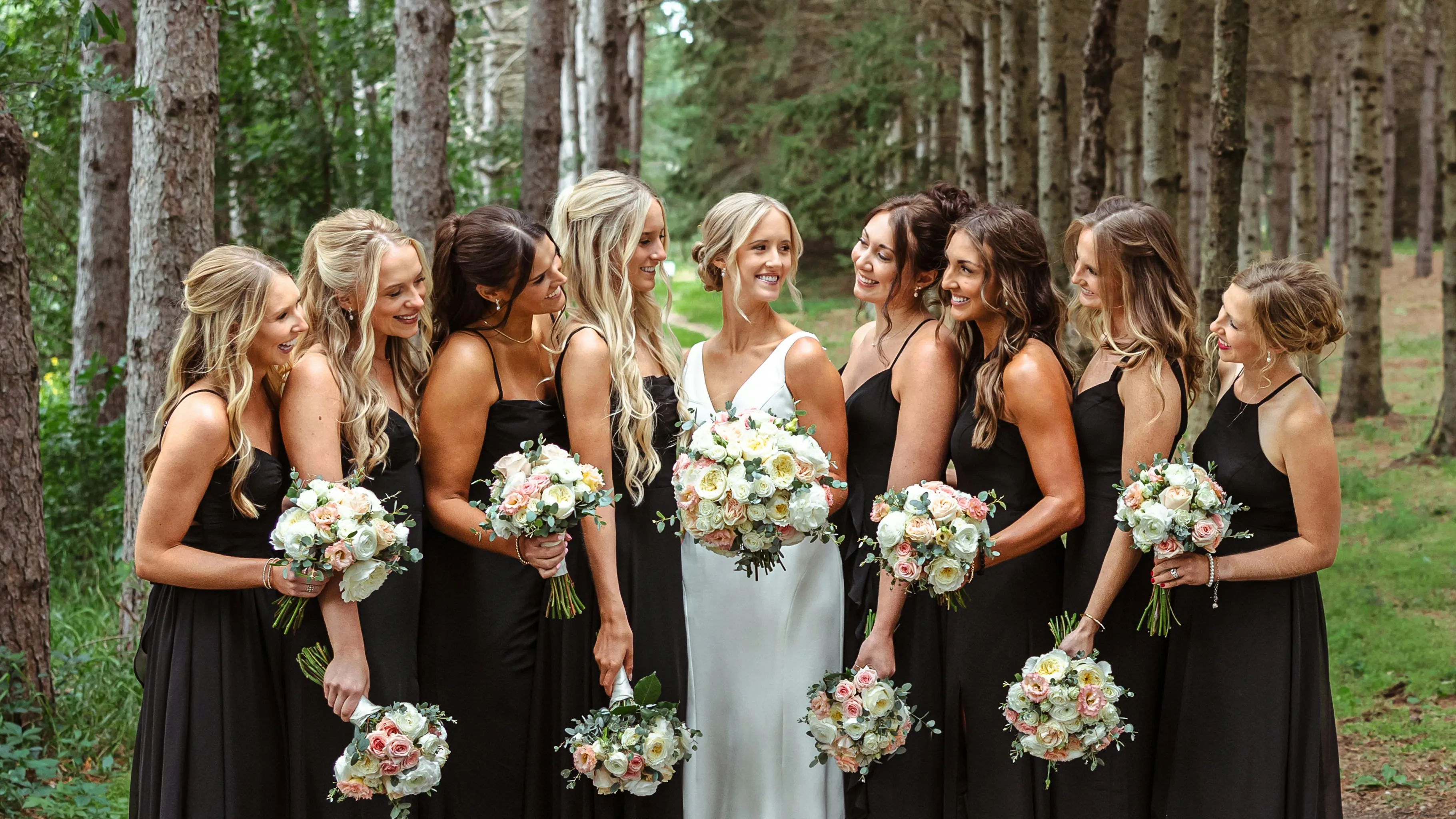 Bride with her bridesmaids, hair styled in waves and upstyles for the wedding party, Characters Hair Randwick