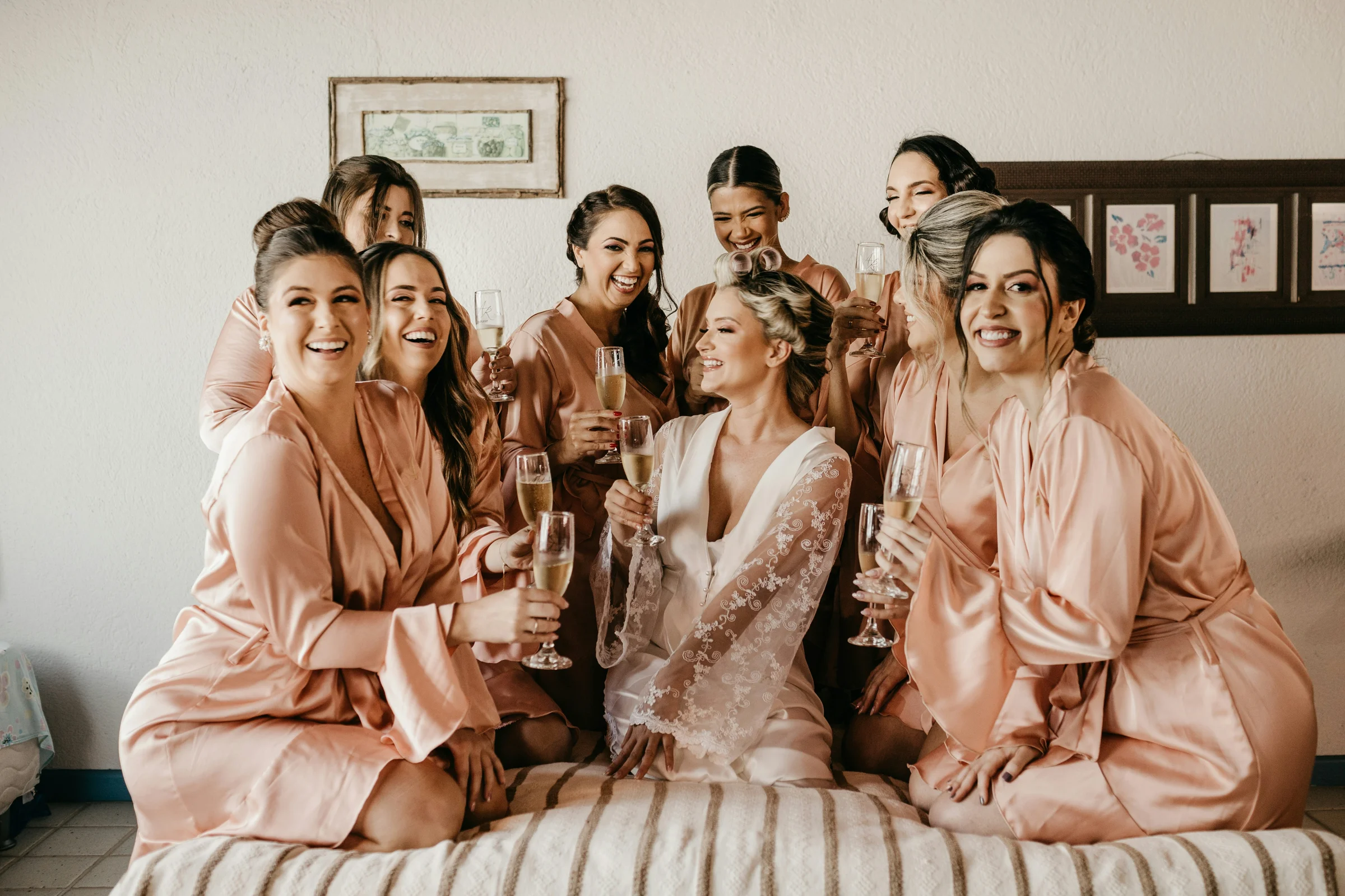 Bride and bridesmaids styled and celebrating before the ceremony - bridal hair at Characters Hair Randwick