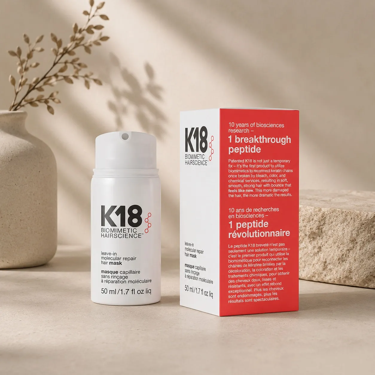 K18 leave-in molecular repair hair mask, used in bond-building treatments at Characters Hair
