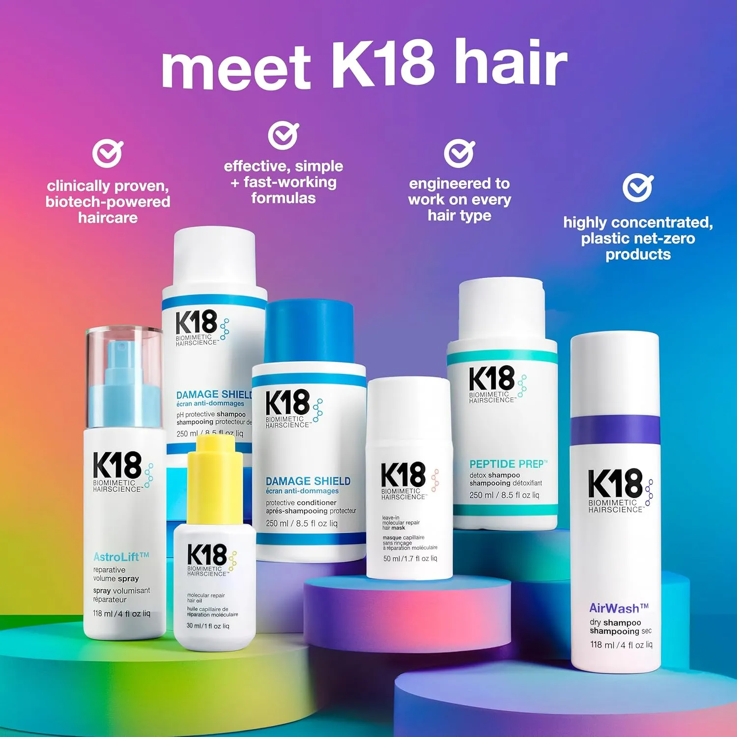 K18 biomimetic hair science product range - molecular repair hair mask, oil, shampoo and conditioner used at Characters Hair Randwick