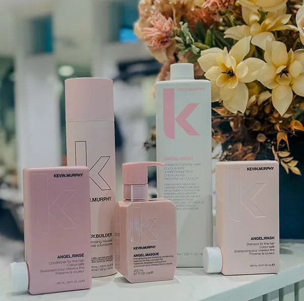Kevin Murphy Angel colour-safe shampoo, conditioner and masque on the retail shelf in the Randwick salon