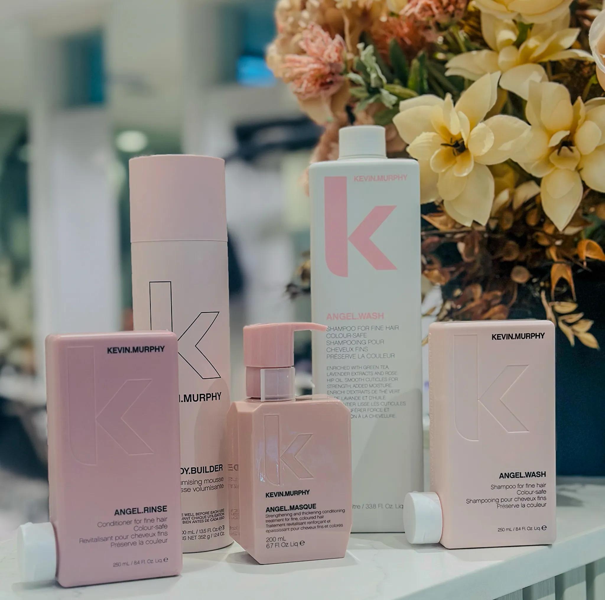 Kevin Murphy Angel colour-safe shampoo, conditioner and masque on the retail shelf in the Randwick salon